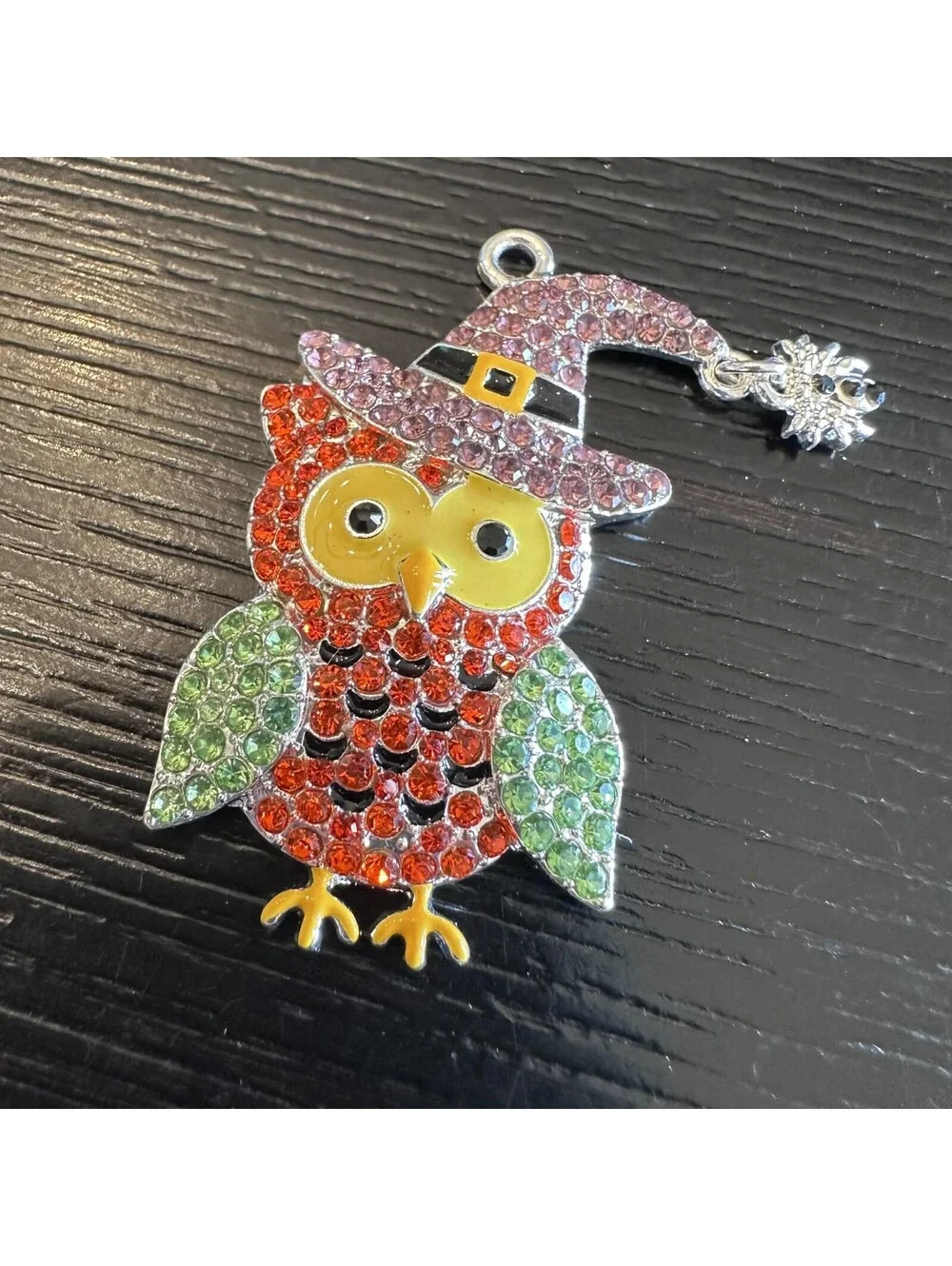 Halloween Rhinestone Owl Silver Tone Witch Hat Spider Dangle Pendant Purple New